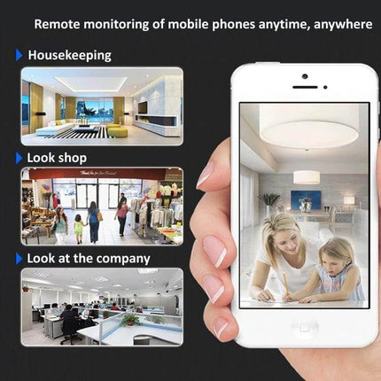 Wireless IP Camera with Night Vision for Home Monitoring showing smartphone remote view of living room, pet and office surveillance options