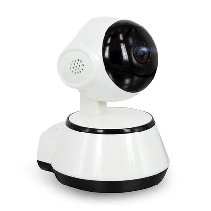 Wireless IP Camera with Night Vision for Home Monitoring - white wireless indoor security camera showing lens and swivel base