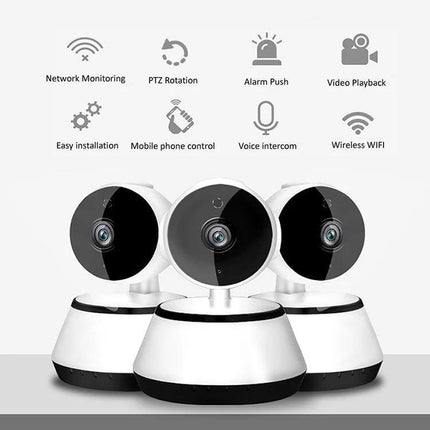 Wireless IP Camera with Night Vision for Home Monitoring - white wireless indoor camera showing night vision, PTZ rotation, mobile control, and motion alerts