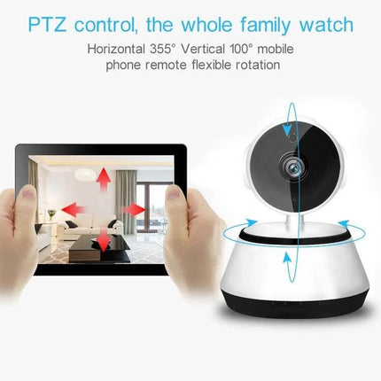 Wireless IP Camera with Night Vision for Home Monitoring showing PTZ remote control on tablet and camera rotating