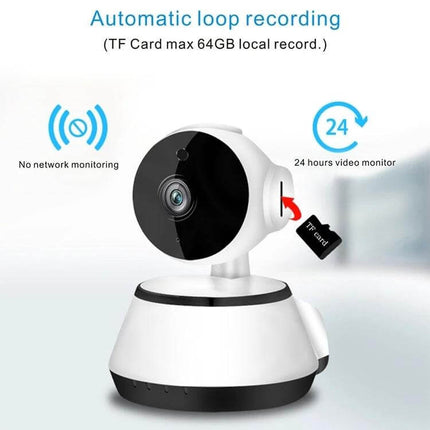 Wireless IP Camera with Night Vision for Home Monitoring showing TF card slot and 24-hour loop recording