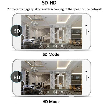 Wireless IP Camera with Night Vision for Home Monitoring showing mobile app SD and HD modes for remote indoor surveillance