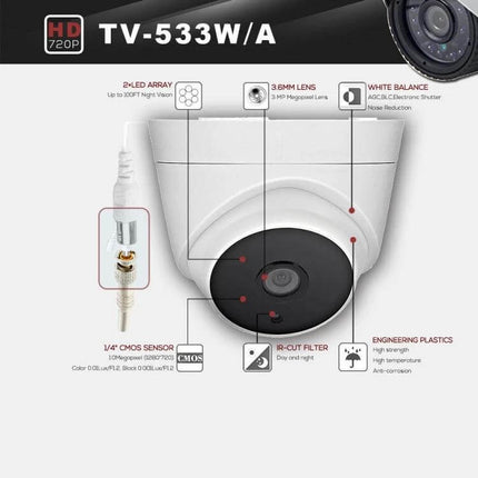 Outdoor Waterproof AHD Security Camera with Night Vision and White Balance — turret AHD camera showing IR LEDs, 3.6mm lens, white balance, waterproof housing