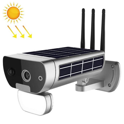 T8 Solar-Powered Outdoor Security Camera with Motion Detection mounted on wall with solar panel and sun icon