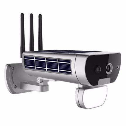 T8 Solar-Powered Outdoor Security Camera with Motion Detection mounted on wall, solar panel, 1080P lens and motion-activated light