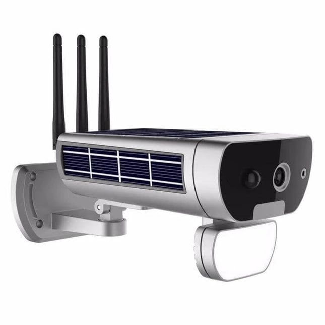 T8 Solar-Powered Outdoor Security Camera with Motion Detection mounted on wall, solar panel, 1080P lens and motion-activated light