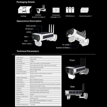 T8 Solar-Powered Outdoor Security Camera with Motion Detection showing camera diagrams, solar panels, packaging contents and technical specifications