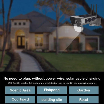T8 Solar-Powered Outdoor Security Camera with Motion Detection mounted by a house pathway, solar panel charging and motion-activated spotlight