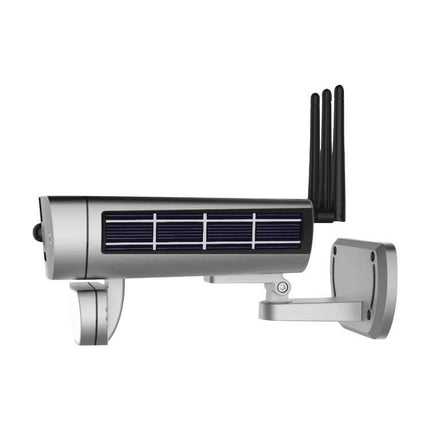 T8 Solar-Powered Outdoor Security Camera with Motion Detection mounted on wall showing solar panel and antennas, 1080P outdoor surveillance