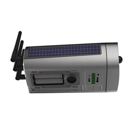 T8 Solar-Powered Outdoor Security Camera with Motion Detection mounted showing solar panel, antennas, and battery compartment for driveway or garden monitoring