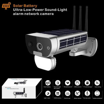 T8 Solar-Powered Outdoor Security Camera with Motion Detection mounted solar-powered outdoor camera showing solar panels and motion sensor