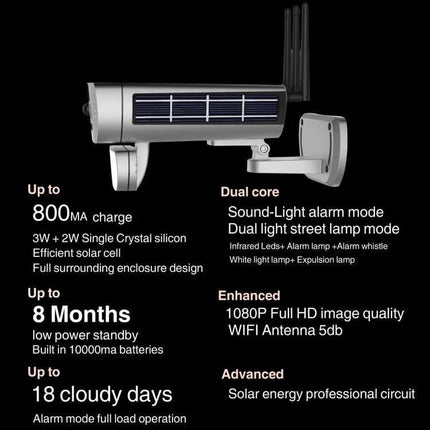 T8 Solar-Powered Outdoor Security Camera with Motion Detection mounted with solar panel, 1080P HD, motion alerts, long battery standby