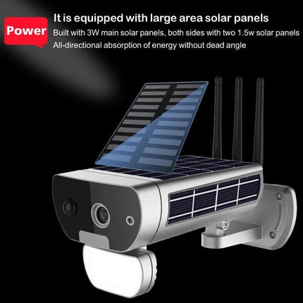 T8 Solar-Powered Outdoor Security Camera with Motion Detection showing solar panels, 1080P lens and wall mount for driveway and garden monitoring