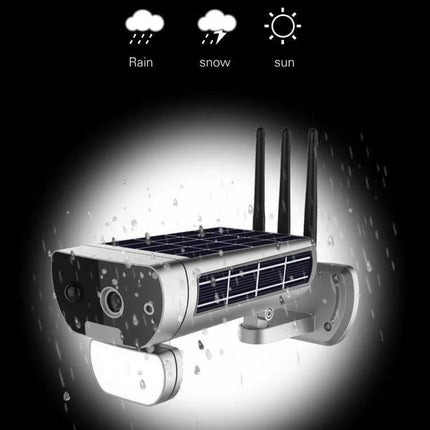 T8 Solar-Powered Outdoor Security Camera with Motion Detection shown mounted with solar panel, rainproof design, 1080P video for driveways and gardens