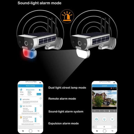 T8 Solar-Powered Outdoor Security Camera with Motion Detection mounted outdoors showing solar panel, dual light alarm modes and app alerts