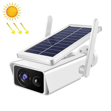Solar Powered Outdoor Security Camera with Motion Detection and Night Vision mounted with solar panel angled for wireless night-vision surveillance