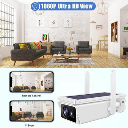 Solar Powered Outdoor Security Camera with Motion Detection and Night Vision mounted overlooking living room and smartphone remote view