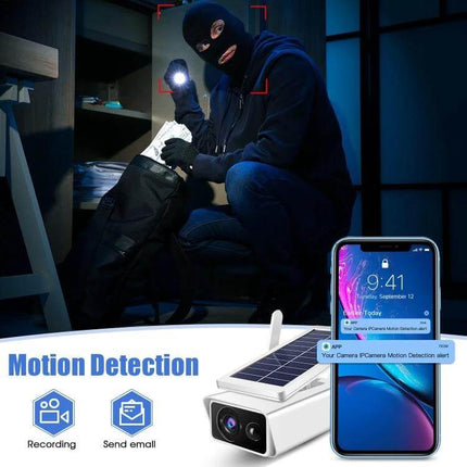 Solar Powered Outdoor Security Camera with Motion Detection and Night Vision capturing burglar in driveway with phone alert and solar panel-powered wireless night surveillance