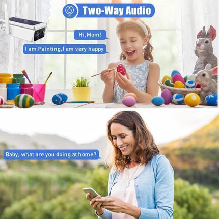 Solar Powered Outdoor Security Camera with Motion Detection and Night Vision showing two-way audio monitoring a child painting and a parent checking phone