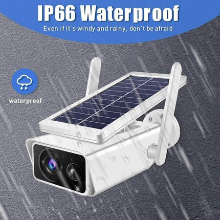 Solar Powered Outdoor Security Camera with Motion Detection and Night Vision showing IP66 waterproof camera with solar panel in rain