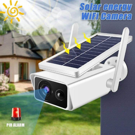 Solar Powered Outdoor Security Camera with Motion Detection and Night Vision mounted on house with solar panel and night vision PIR alarm