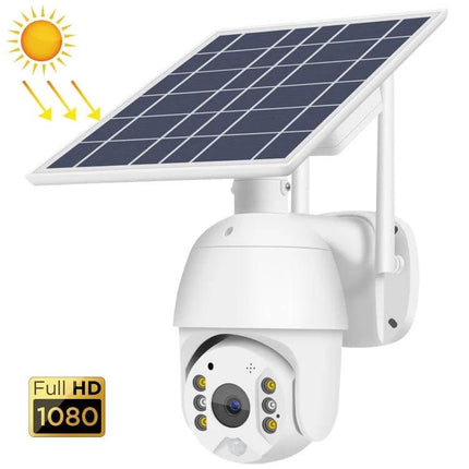 Outdoor Solar Powered WiFi Security Camera for Home Monitoring — 1080P white solar-powered outdoor WiFi camera with motion detection and night LEDs