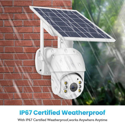 Outdoor Solar Powered WiFi Security Camera for Home Monitoring mounted on brick wall with solar panel in rain, IP67 weatherproof 1080P