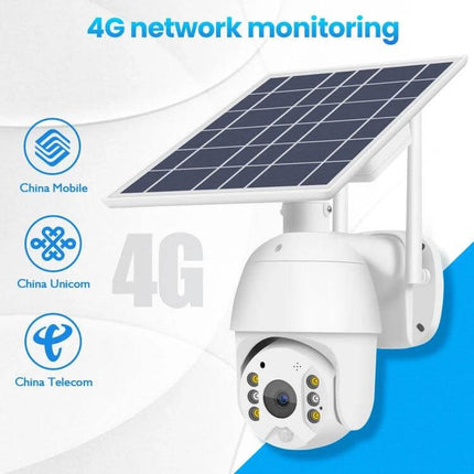 Outdoor Solar Powered WiFi Security Camera for Home Monitoring mounted with solar panel and 4G network icons, 1080P outdoor surveillance camera