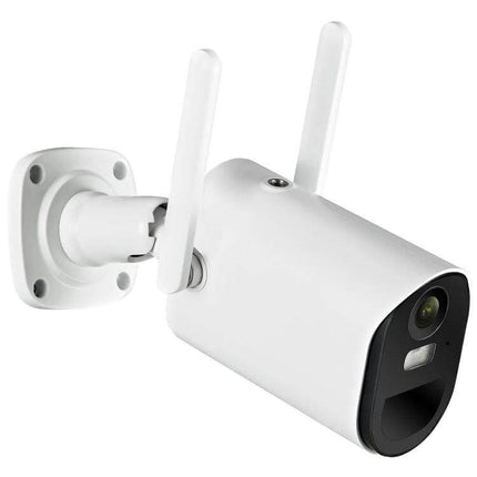Solar Powered Outdoor Security Camera with Motion Detection mounted white wireless camera with dual antennas and solar-enabled battery