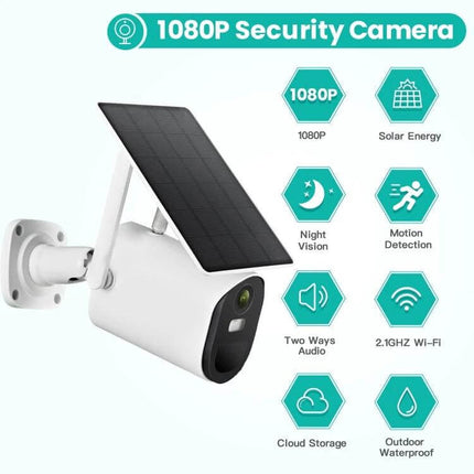 Solar Powered Outdoor Security Camera with Motion Detection solar panel mounted camera showing 1080P, night vision, two-way audio, Wi-Fi, cloud storage