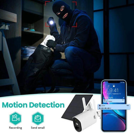 Solar Powered Outdoor Security Camera with Motion Detection monitoring a masked intruder at night, solar panel and phone alert shown