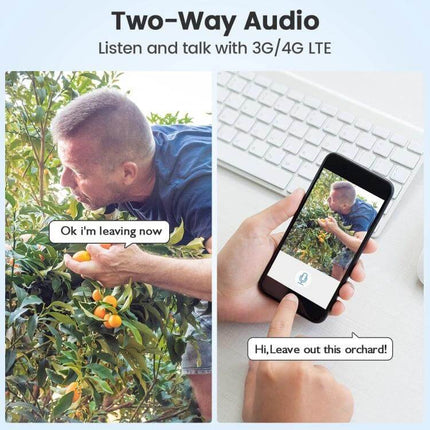 Solar Powered Outdoor Security Camera with Motion Detection two-way audio monitoring man in orchard shown on phone screen