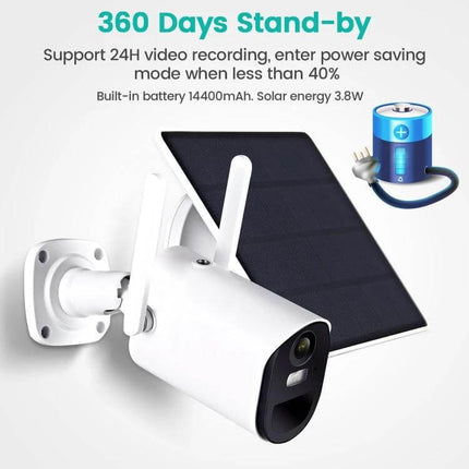 Solar Powered Outdoor Security Camera with Motion Detection - white wireless camera with solar panel and long-life battery