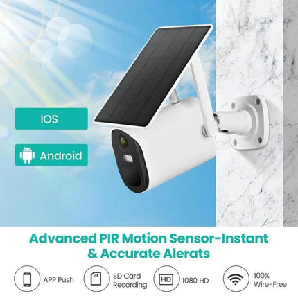 Solar Powered Outdoor Security Camera with Motion Detection mounted on wall with solar panel, app alerts, 1080p HD and PIR motion sensor