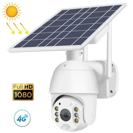 Outdoor Solar-Powered Security Camera for Home Monitoring - white solar-powered outdoor PTZ camera with night LEDs and 1080p badge