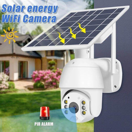 Outdoor Solar-Powered Security Camera for Home Monitoring mounted outdoors with solar panel, motion detection and app alerts