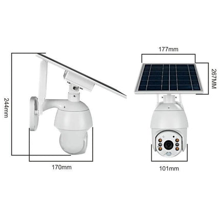 Outdoor Solar-Powered Security Camera for Home Monitoring mounted with solar panel and dimensions shown for driveway or garden surveillance