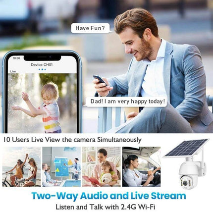 Outdoor Solar-Powered Security Camera for Home Monitoring showing app live view, two-way audio, solar panel, and remote monitoring of family (man checking phone)