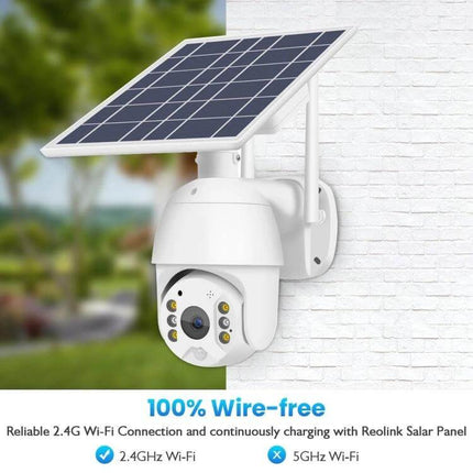 Outdoor Solar-Powered Security Camera for Home Monitoring mounted on wall with solar panel, wire-free garden and driveway surveillance