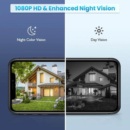 Outdoor Solar-Powered Security Camera for Home Monitoring showing 1080P HD day and night color vision on a smartphone split-screen