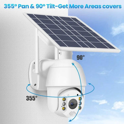 Outdoor Solar-Powered Security Camera for Home Monitoring mounted with solar panel showing 355° pan and 90° tilt for garden or driveway surveillance