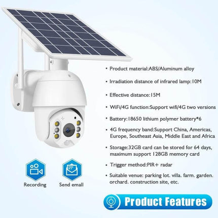 Outdoor Solar-Powered Security Camera for Home Monitoring with solar panel, motion detection, 4G/WiFi, night LEDs, ideal for garden or driveway surveillance