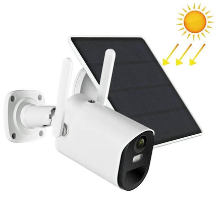 Solar Powered Outdoor Security Camera with Night Vision and Motion Detection mounted on wall with solar panel and sun icon