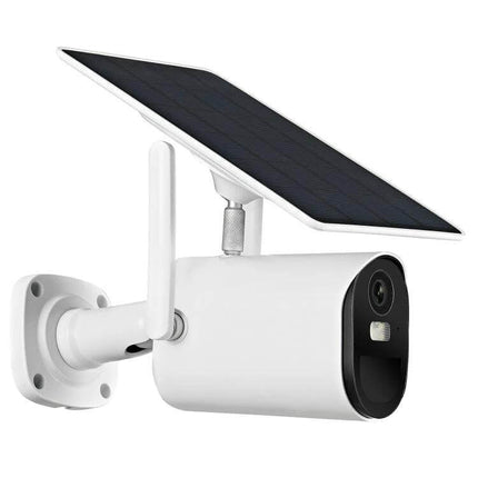 Solar Powered Outdoor Security Camera with Night Vision and Motion Detection mounted with solar panel, white weatherproof bullet camera monitoring entryway