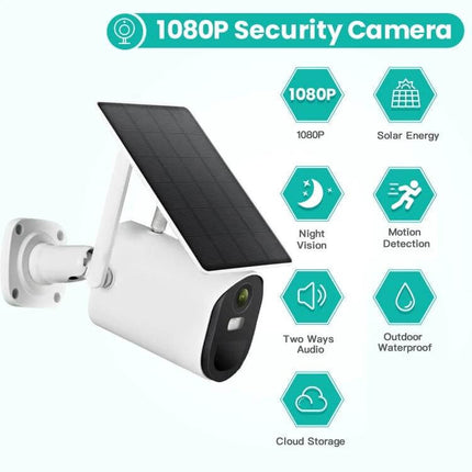 Solar Powered Outdoor Security Camera with Night Vision and Motion Detection - 1080P solar-powered outdoor camera showing night vision, motion detection and waterproof features