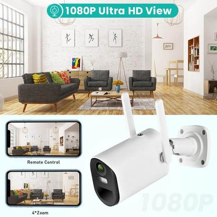 Solar Powered Outdoor Security Camera with Night Vision and Motion Detection - 1080P outdoor camera showing living room view, motion detection and remote control