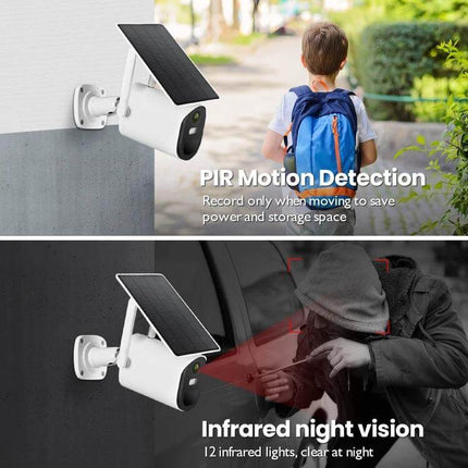 Solar Powered Outdoor Security Camera with Night Vision and Motion Detection mounted on wall showing PIR motion detection and infrared night vision features