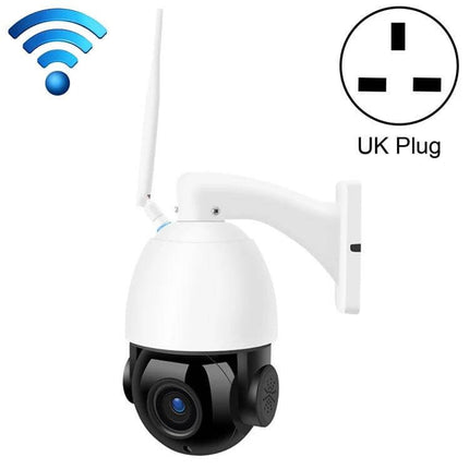 Wireless WiFi Dome Camera for Home Security Monitoring mounted outdoors with WiFi antenna and UK plug symbol