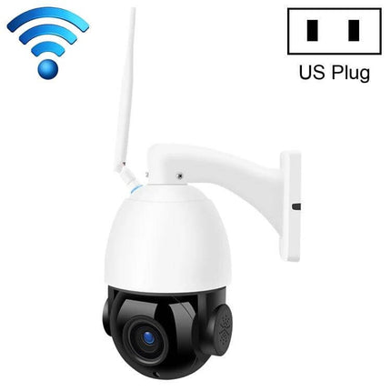 Wireless WiFi Dome Camera for Home Security Monitoring mounted outdoor with antenna, US plug icon and WiFi signal
