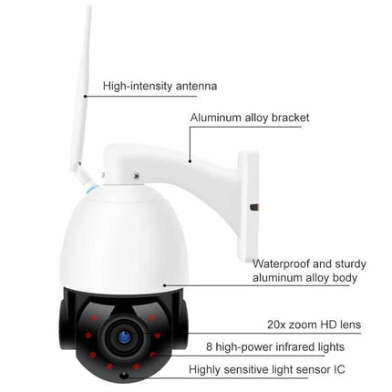 Wireless WiFi Dome Camera for Home Security Monitoring showing dome camera with antenna, aluminum bracket, 20x zoom lens and infrared lights
